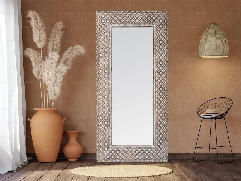 WILDWOOD Decorative & Hand Crafted Wooden Carved Wall Mirror Frame Wall Hanging & Floor Mirror Full Lenght Mirror (36"x72" Inch White wash)(Only Frame without Mirror)(Natural Finish)