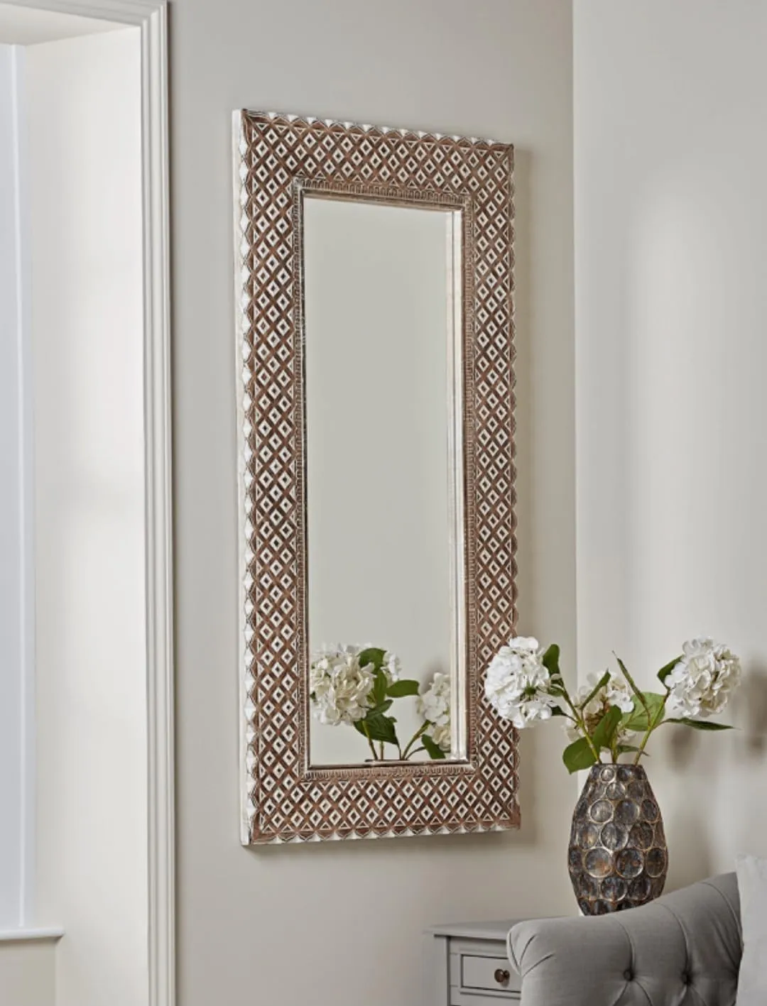 WILDWOOD Decorative & Hand Crafted Wooden Carved Wall Mirror Frame Wall Hanging & Floor Mirror Full Lenght Mirror (36"x72" Inch White wash)(Only Frame without Mirror)(Natural Finish)