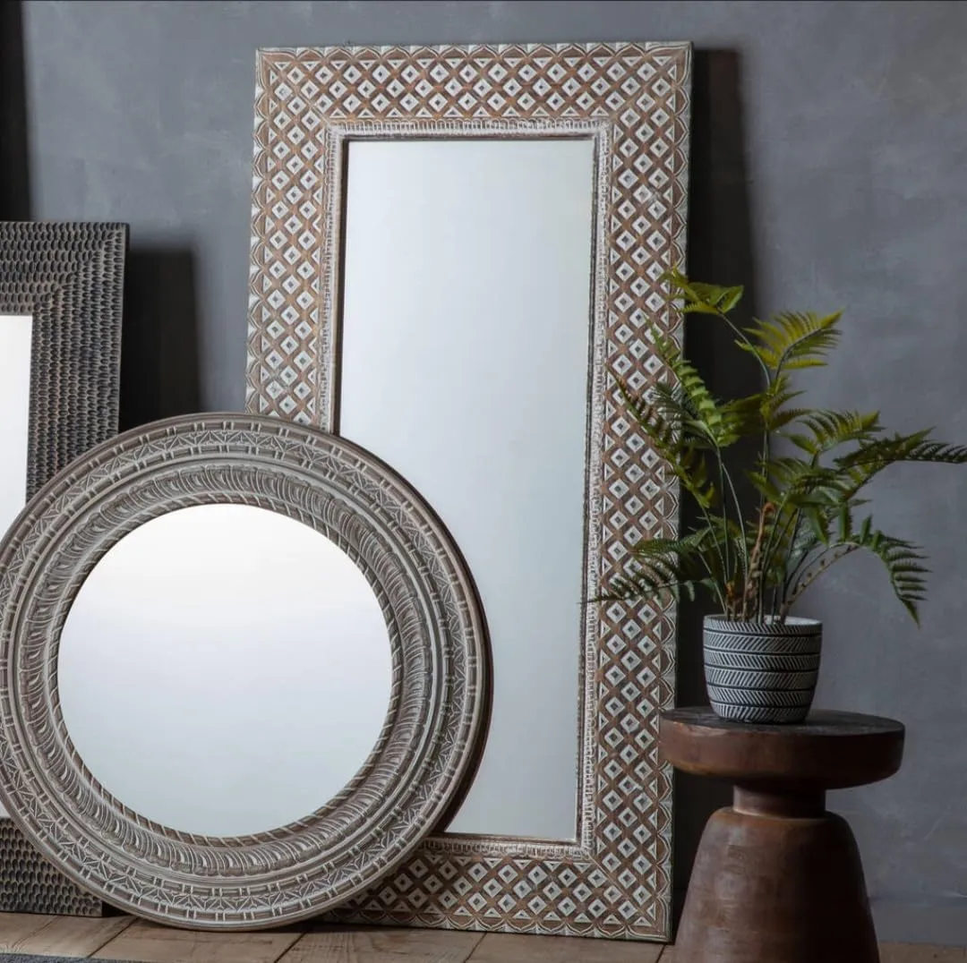 WILDWOOD Decorative & Hand Crafted Wooden Carved Wall Mirror Frame Wall Hanging & Floor Mirror Full Lenght Mirror (36"x72" Inch White wash)(Only Frame without Mirror)(Natural Finish)