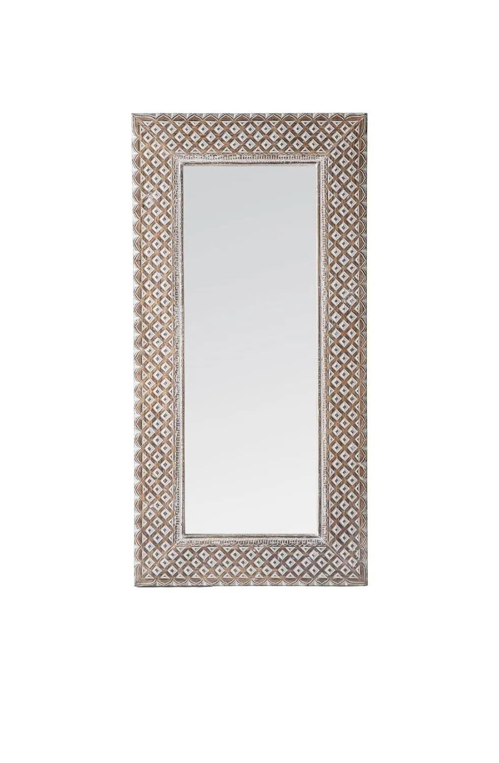 WILDWOOD Decorative & Hand Crafted Wooden Carved Wall Mirror Frame Wall Hanging & Floor Mirror Full Lenght Mirror (36"x72" Inch White wash)(Only Frame without Mirror)(Natural Finish)