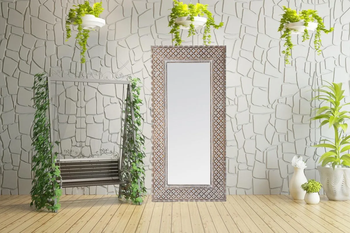 WILDWOOD Decorative & Hand Crafted Wooden Carved Wall Mirror Frame Wall Hanging & Floor Mirror Full Lenght Mirror (36"x72" Inch White wash)(Only Frame without Mirror)(Natural Finish)