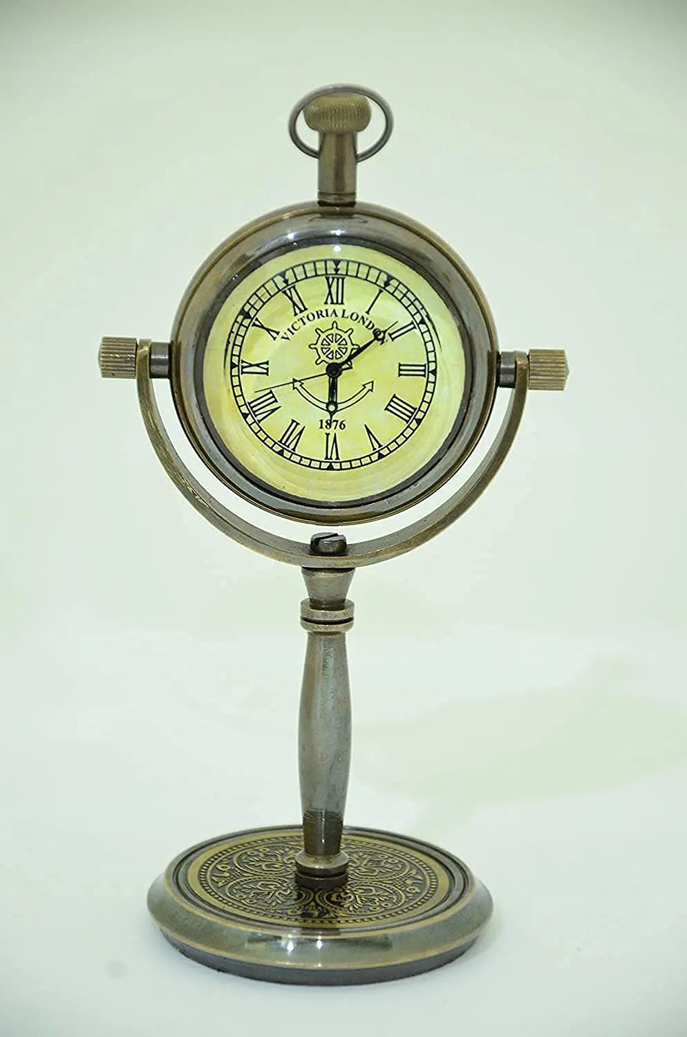 WinMart Nautical_Brass Victoria London 1876 Desk and Shelf Clock Roman Dial Nautical Clock, Engraved Design for Gift, Study Table, Office, Bedroom, Kitchen, Home Decor Handmade
