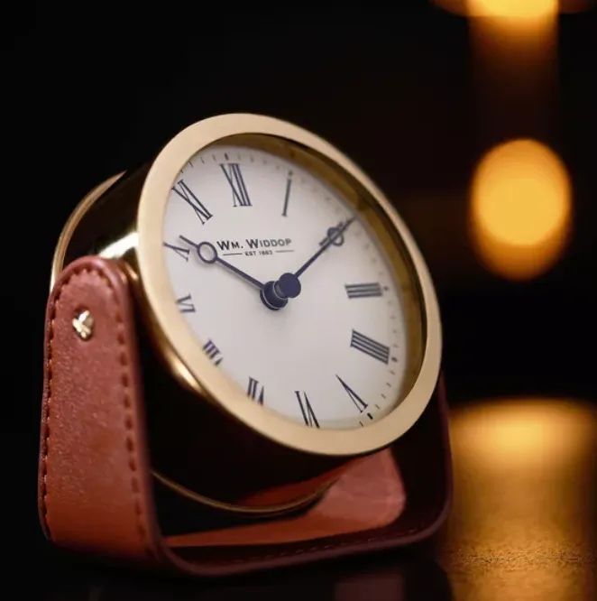 WM.WIDDOP GOLD MANTEL CLOCK ON STAND