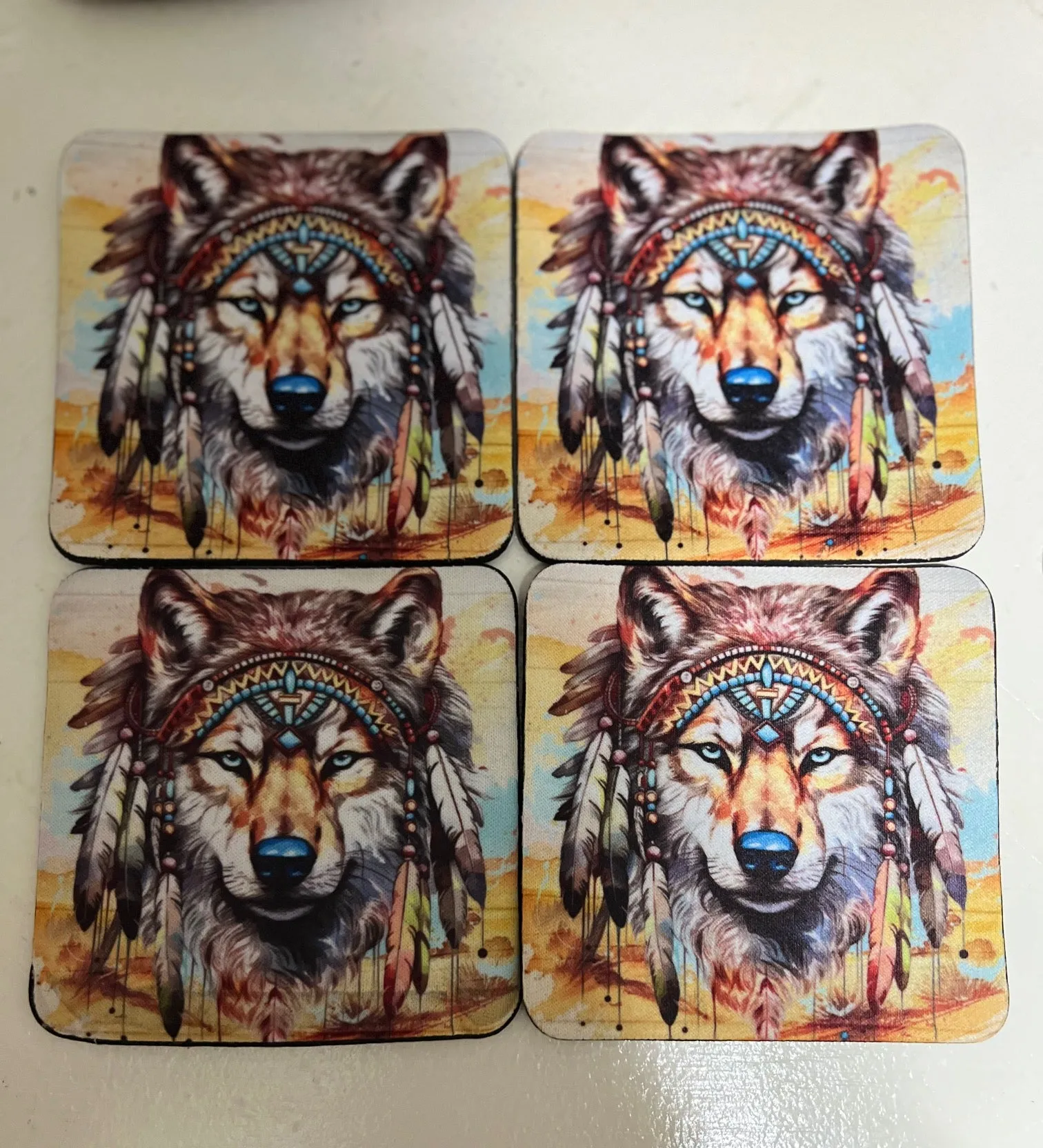 Wolf Native Western Neoprene 4 Inch Square Coasters - Set of 4