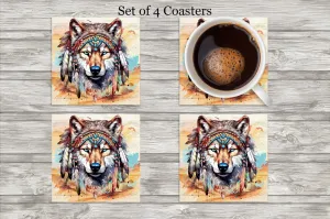 Wolf Native Western Neoprene 4 Inch Square Coasters - Set of 4