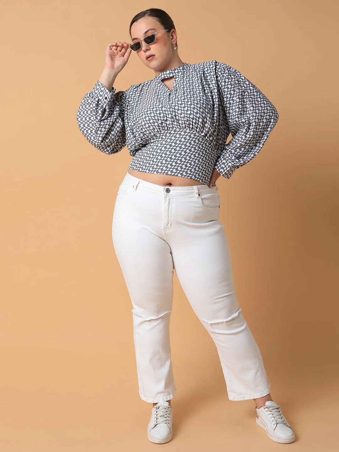 Women Grey Print Keyhole Neck Crepe Styled Back Crop Top