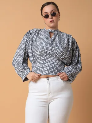 Women Grey Print Keyhole Neck Crepe Styled Back Crop Top
