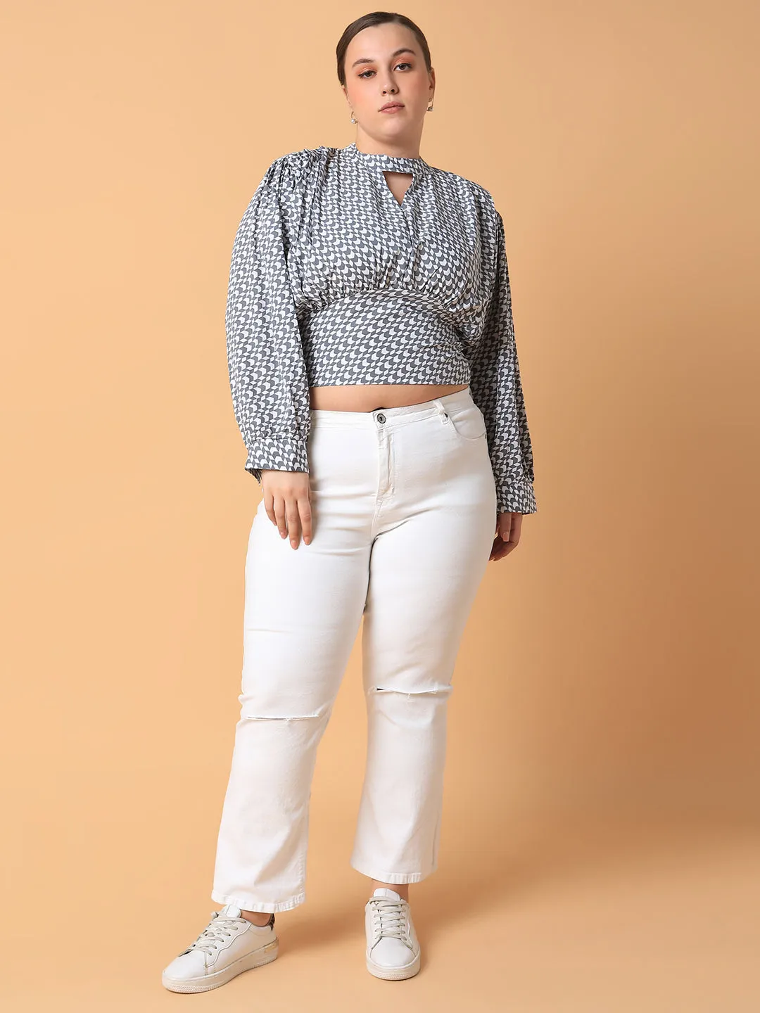 Women Grey Print Keyhole Neck Crepe Styled Back Crop Top