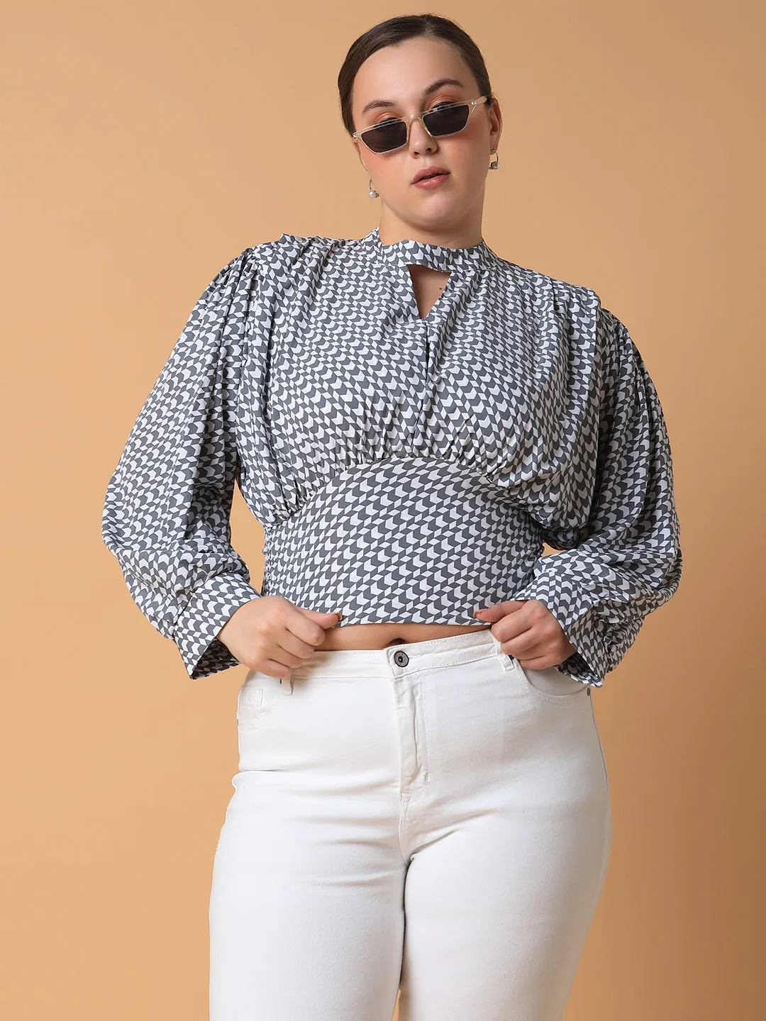 Women Grey Print Keyhole Neck Crepe Styled Back Crop Top