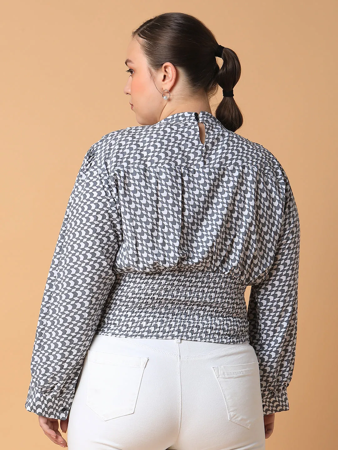 Women Grey Print Keyhole Neck Crepe Styled Back Crop Top