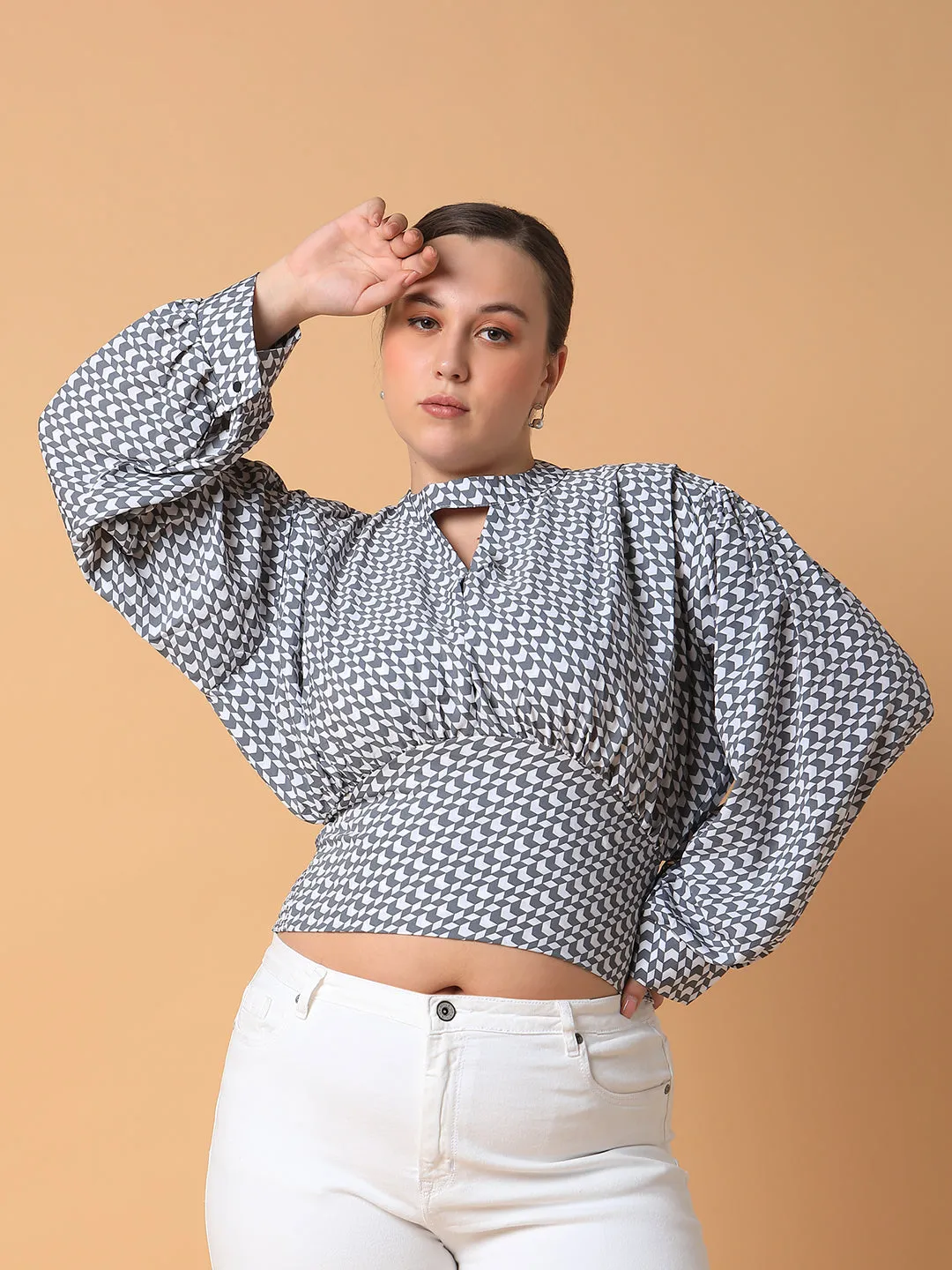 Women Grey Print Keyhole Neck Crepe Styled Back Crop Top