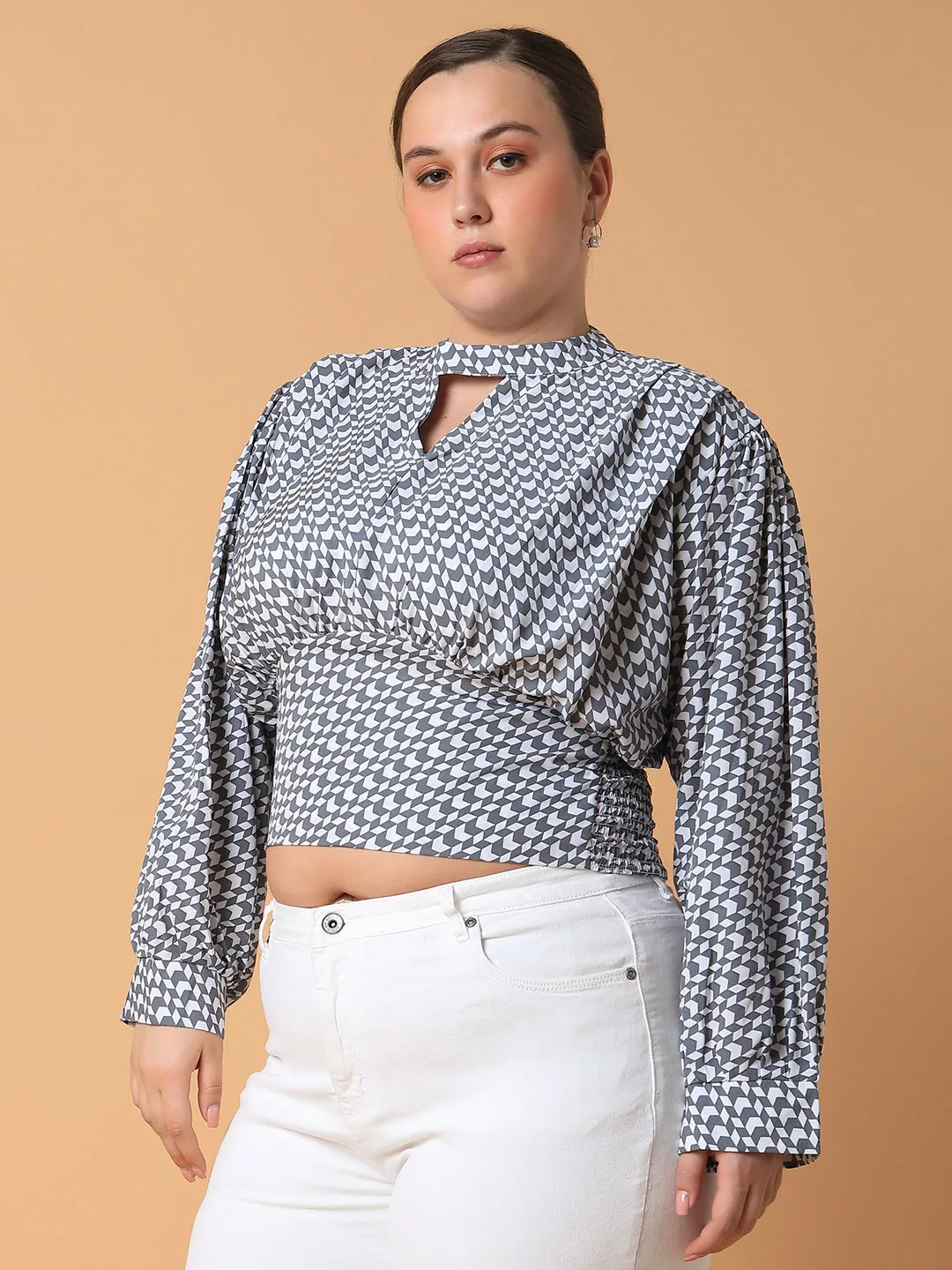 Women Grey Print Keyhole Neck Crepe Styled Back Crop Top