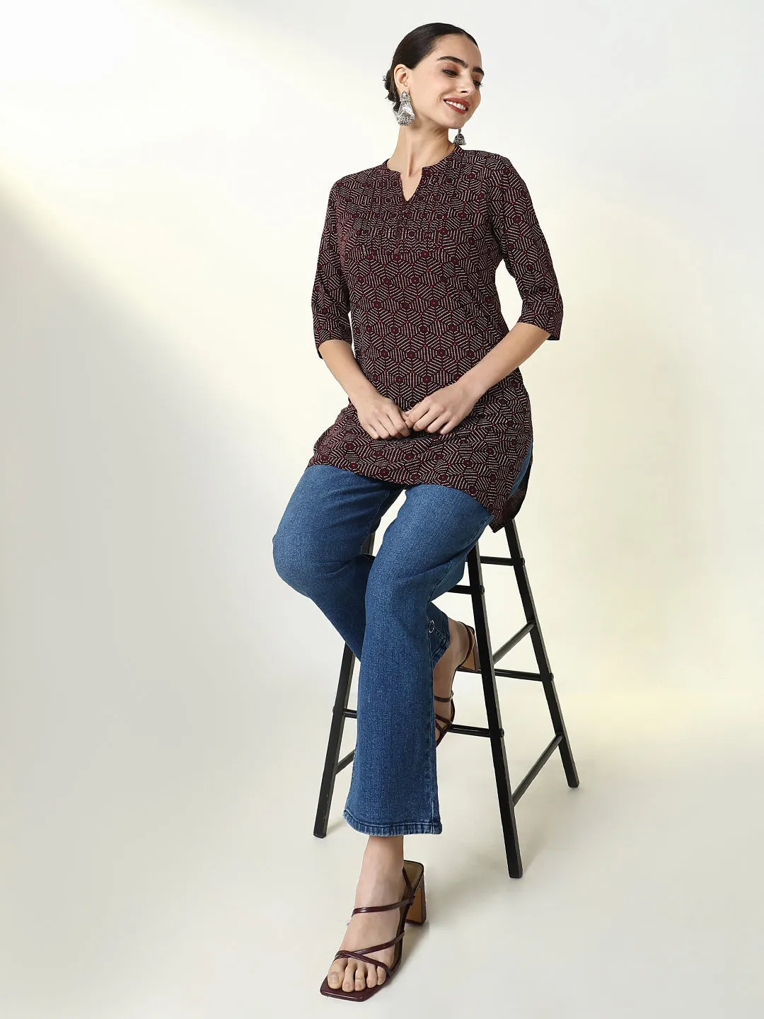 Women Maroon Geometric Printed Kurti