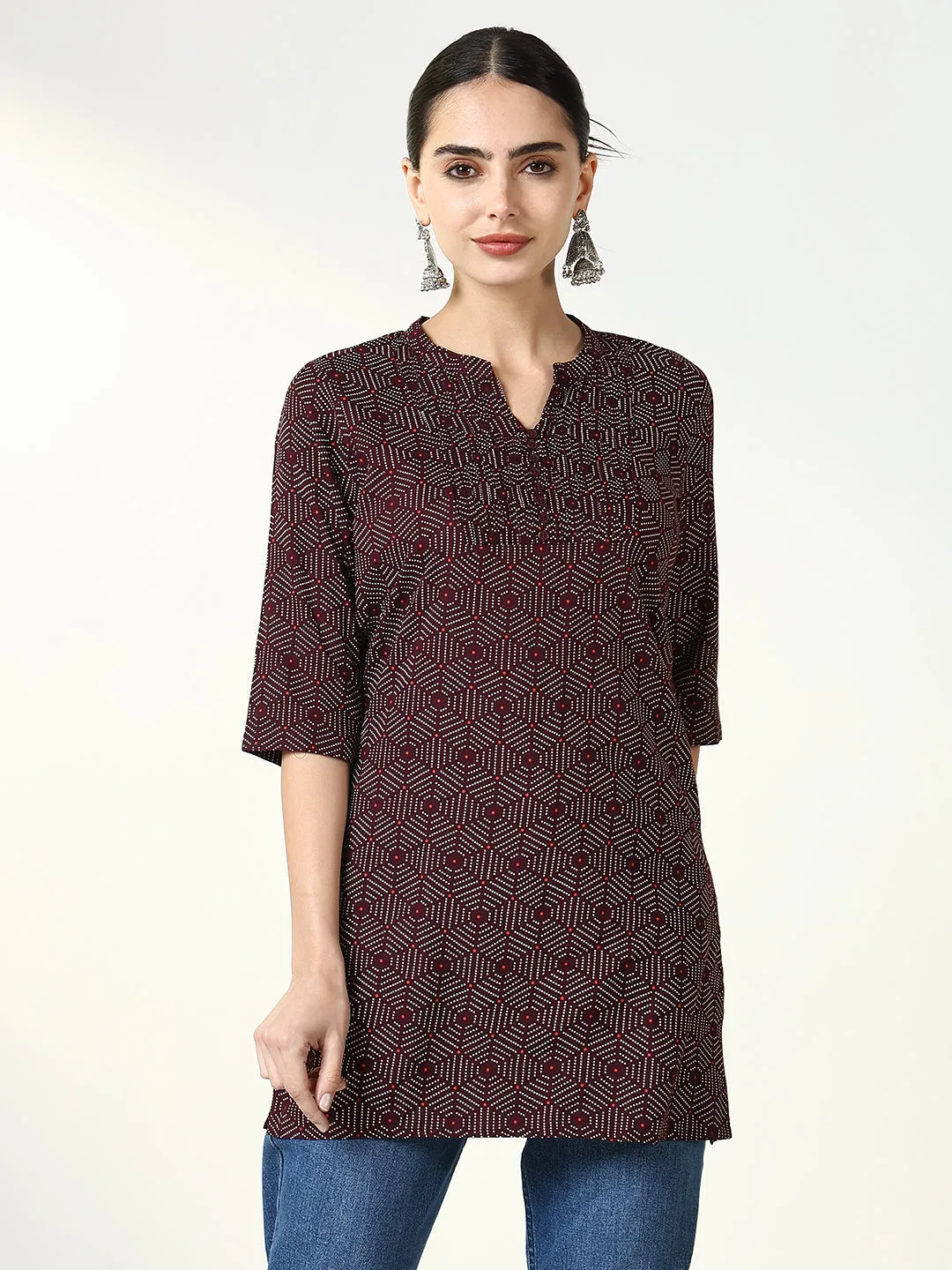 Women Maroon Geometric Printed Kurti
