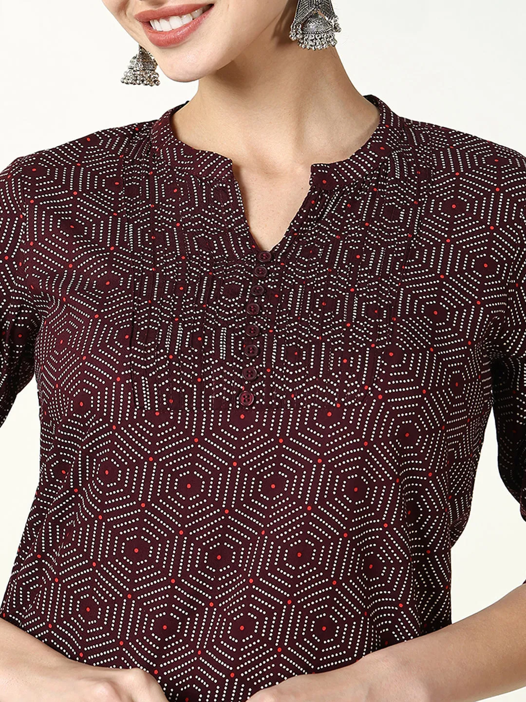 Women Maroon Geometric Printed Kurti