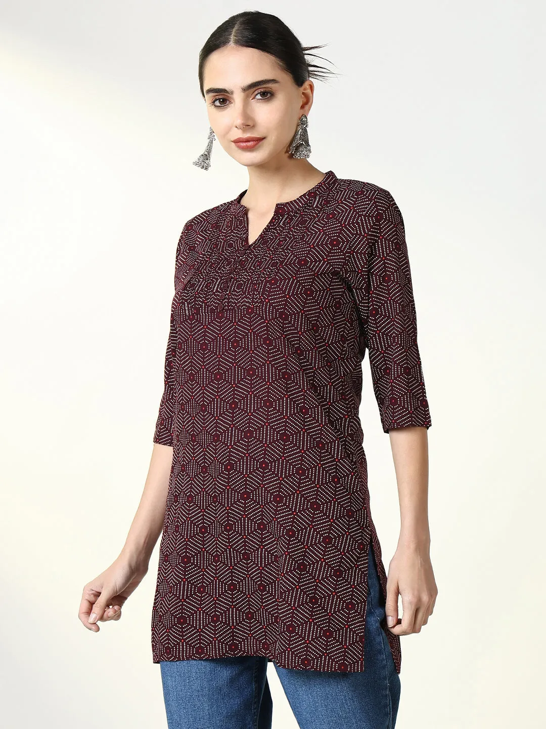 Women Maroon Geometric Printed Kurti