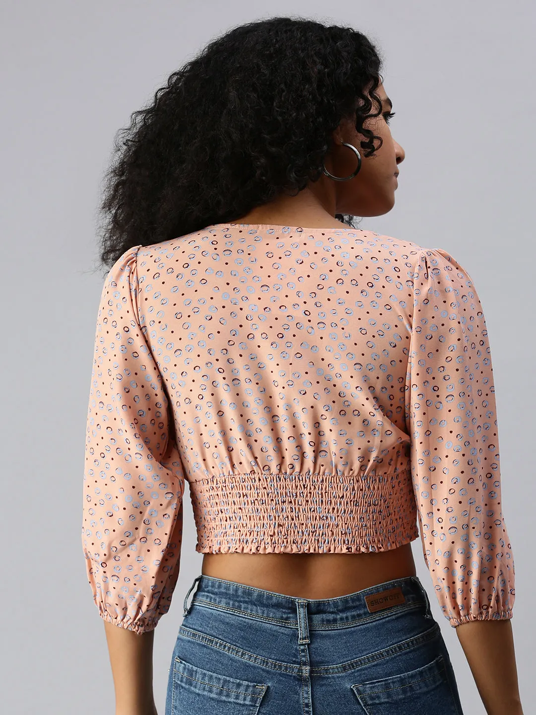Women Peach Floral Print Crepe Crop Top