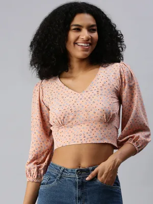 Women Peach Floral Print Crepe Crop Top