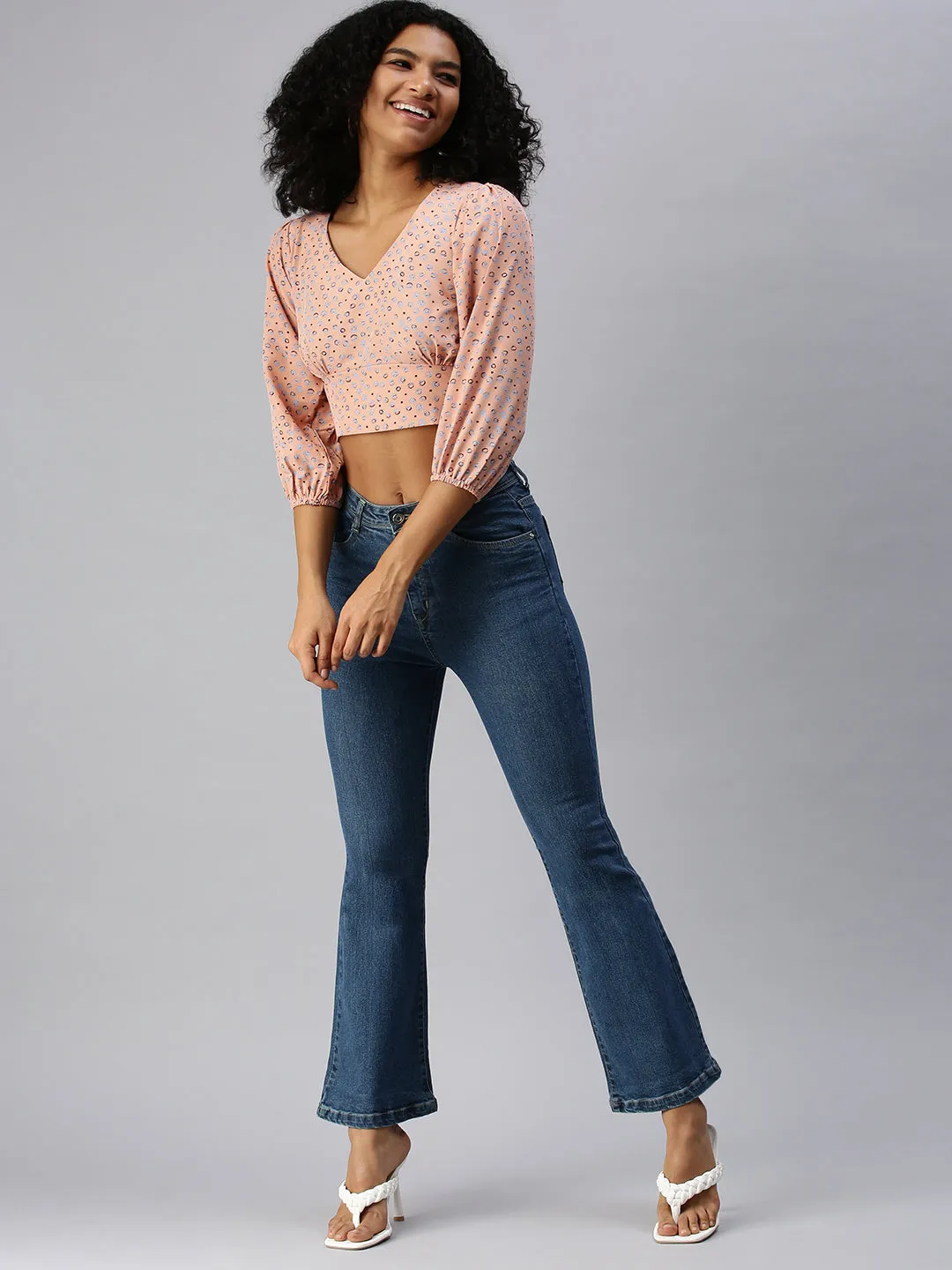 Women Peach Floral Print Crepe Crop Top